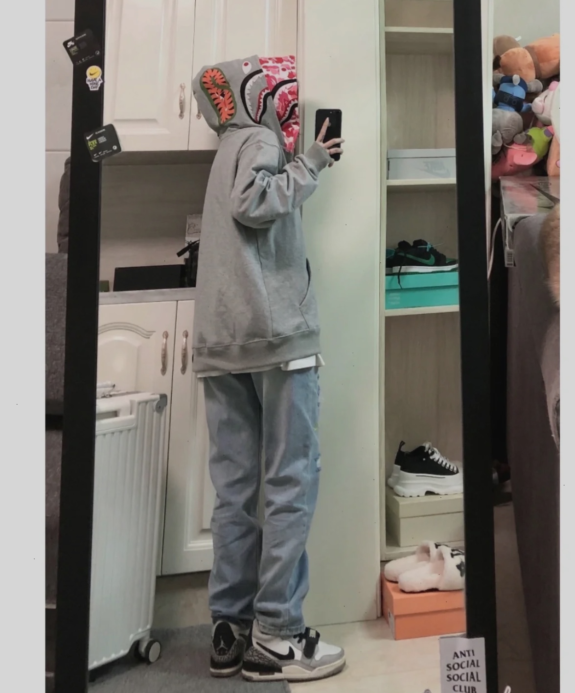 BAPE co-branded tiger head shark gray and pink double hoodie