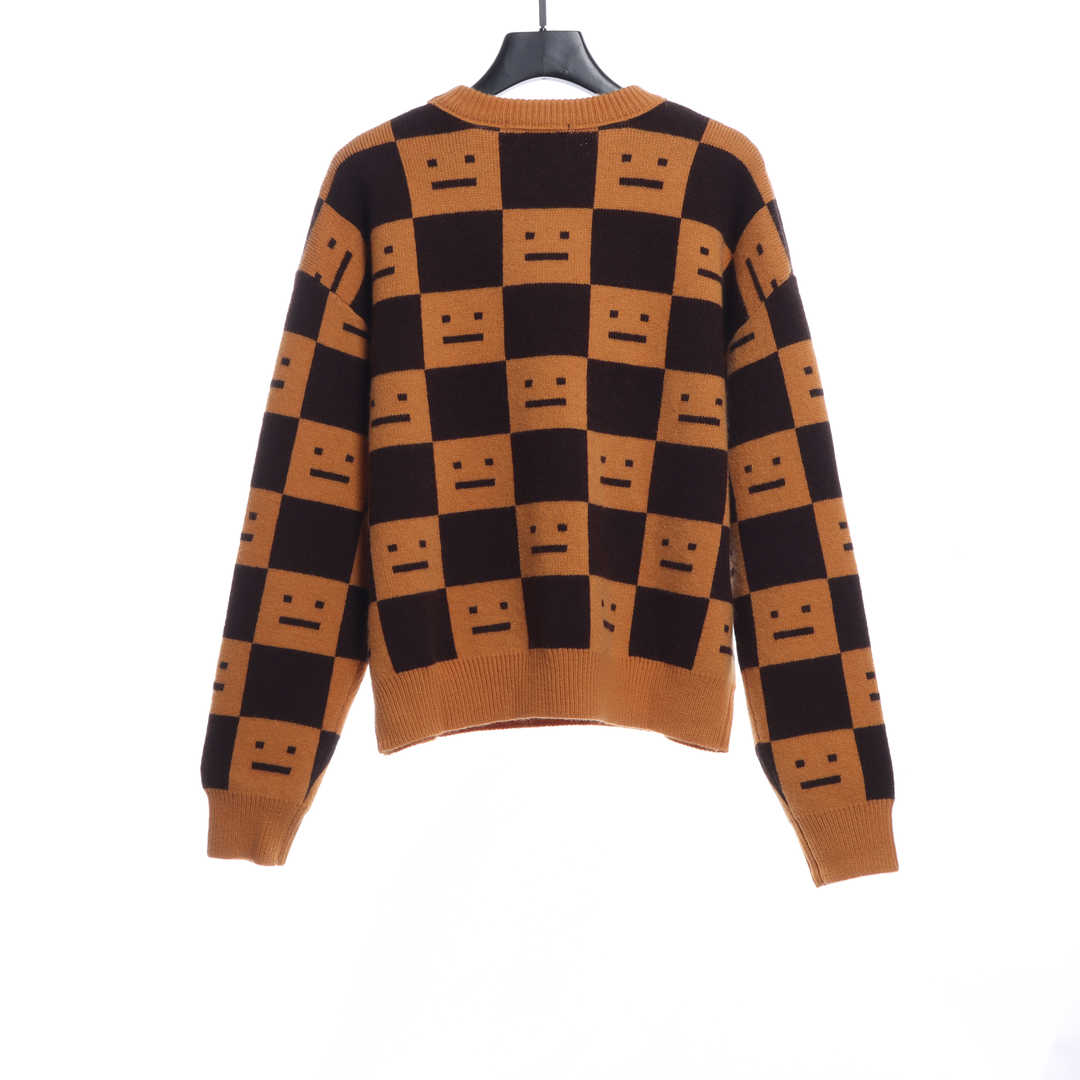22S SACNE STUDIOS Checkerboard Square Smiley Crew Neck Sweater
