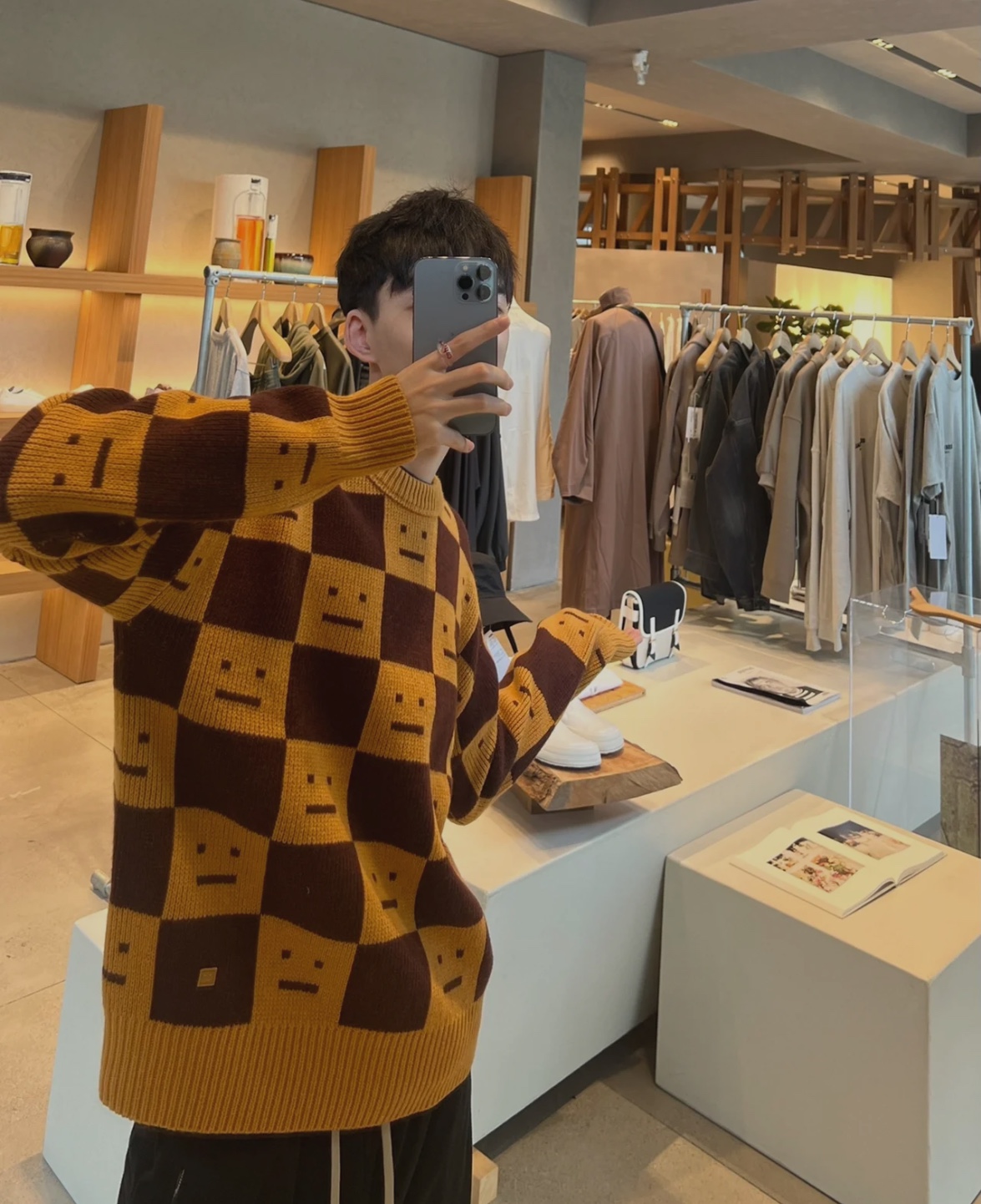 22S SACNE STUDIOS Checkerboard Square Smiley Crew Neck Sweater