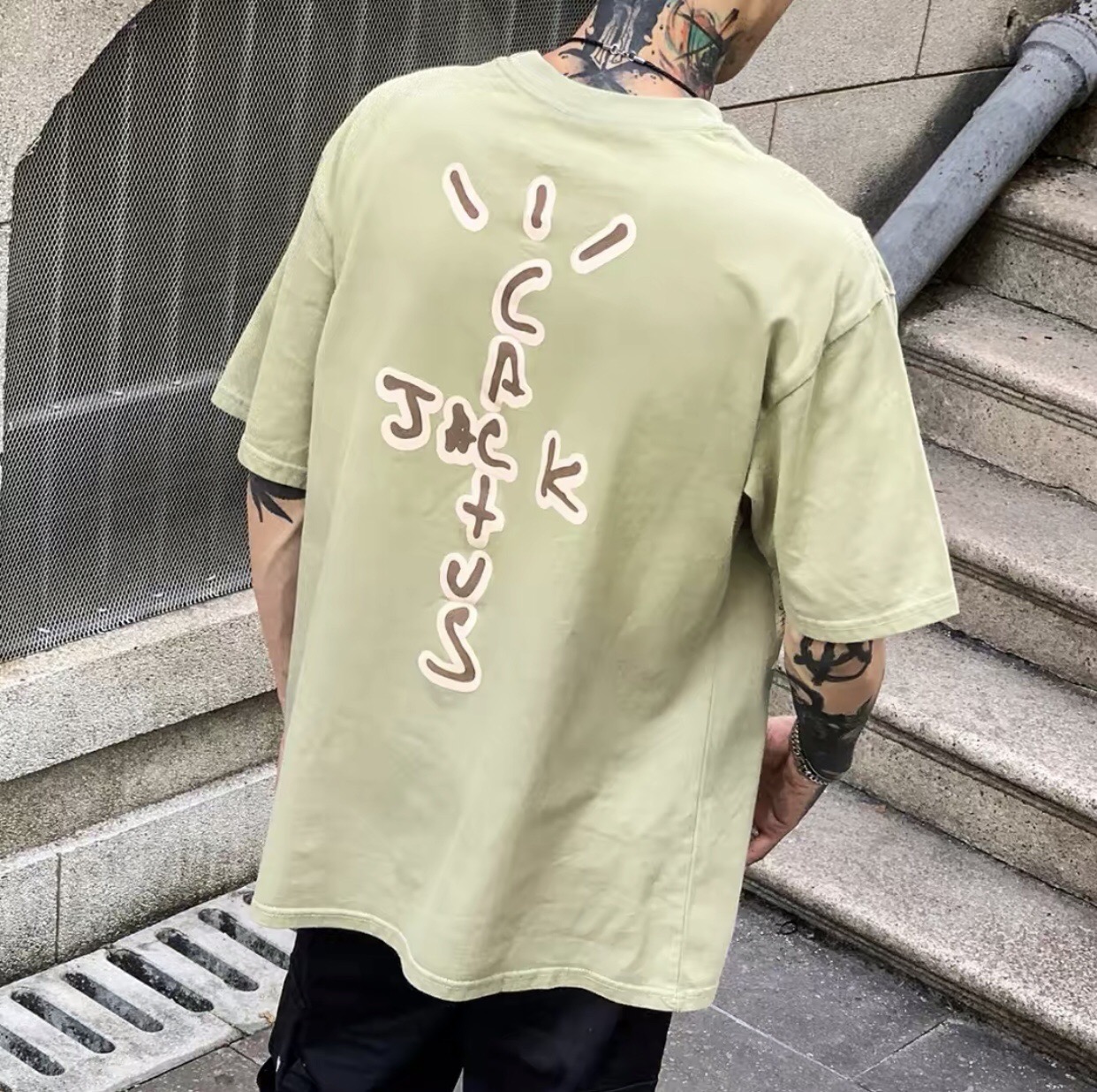 Travis Scott Retro washing to make old fixed dyeing letter printing short sleeves