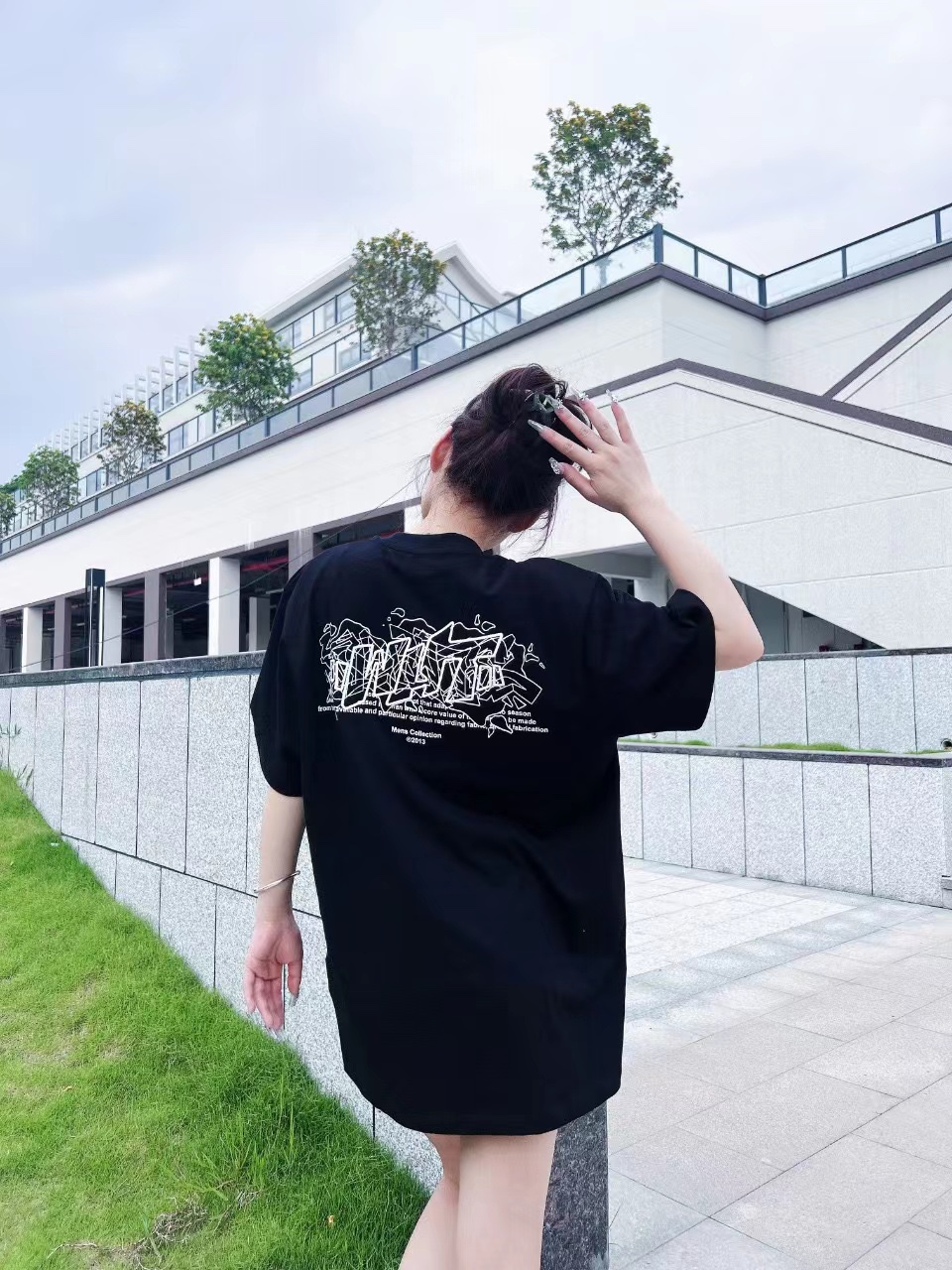 OW embroidery flocking print pattern short sleeve