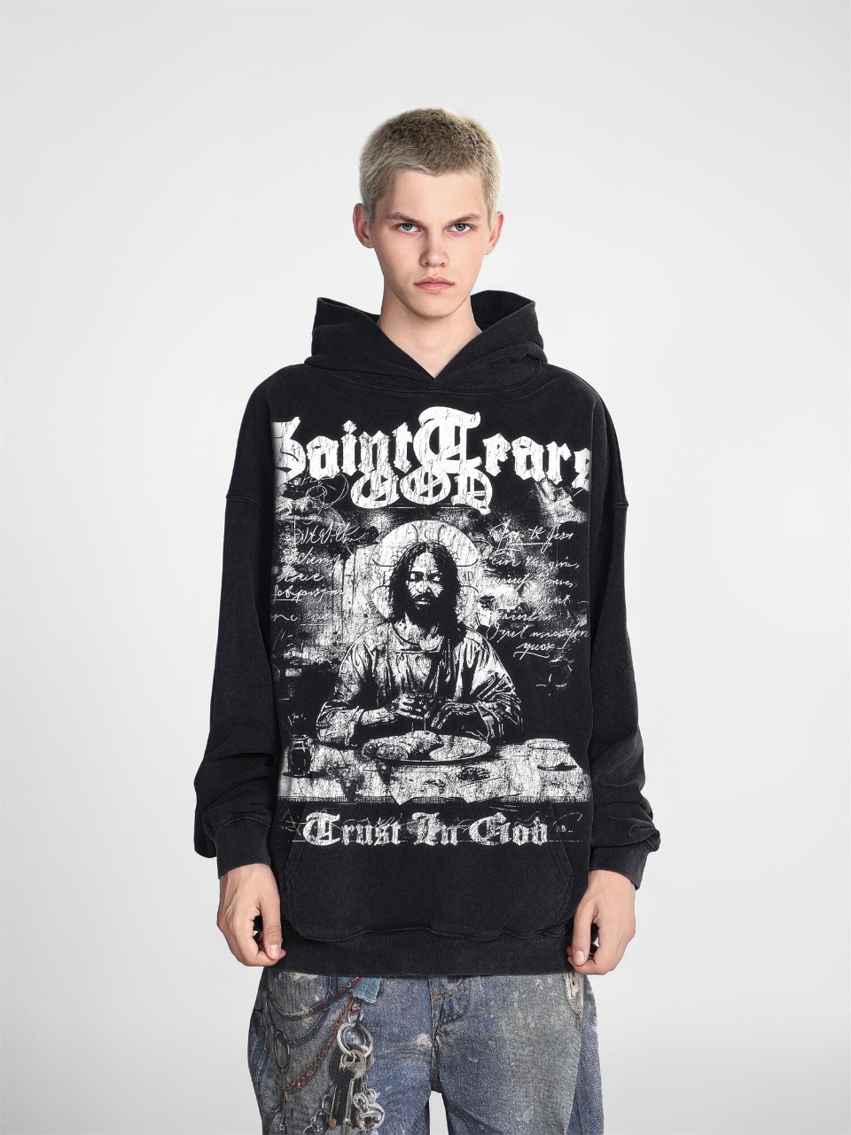 Saint Mich@el tears washed distressed salt-treated 400g heavy-weight vintage terry hoodie