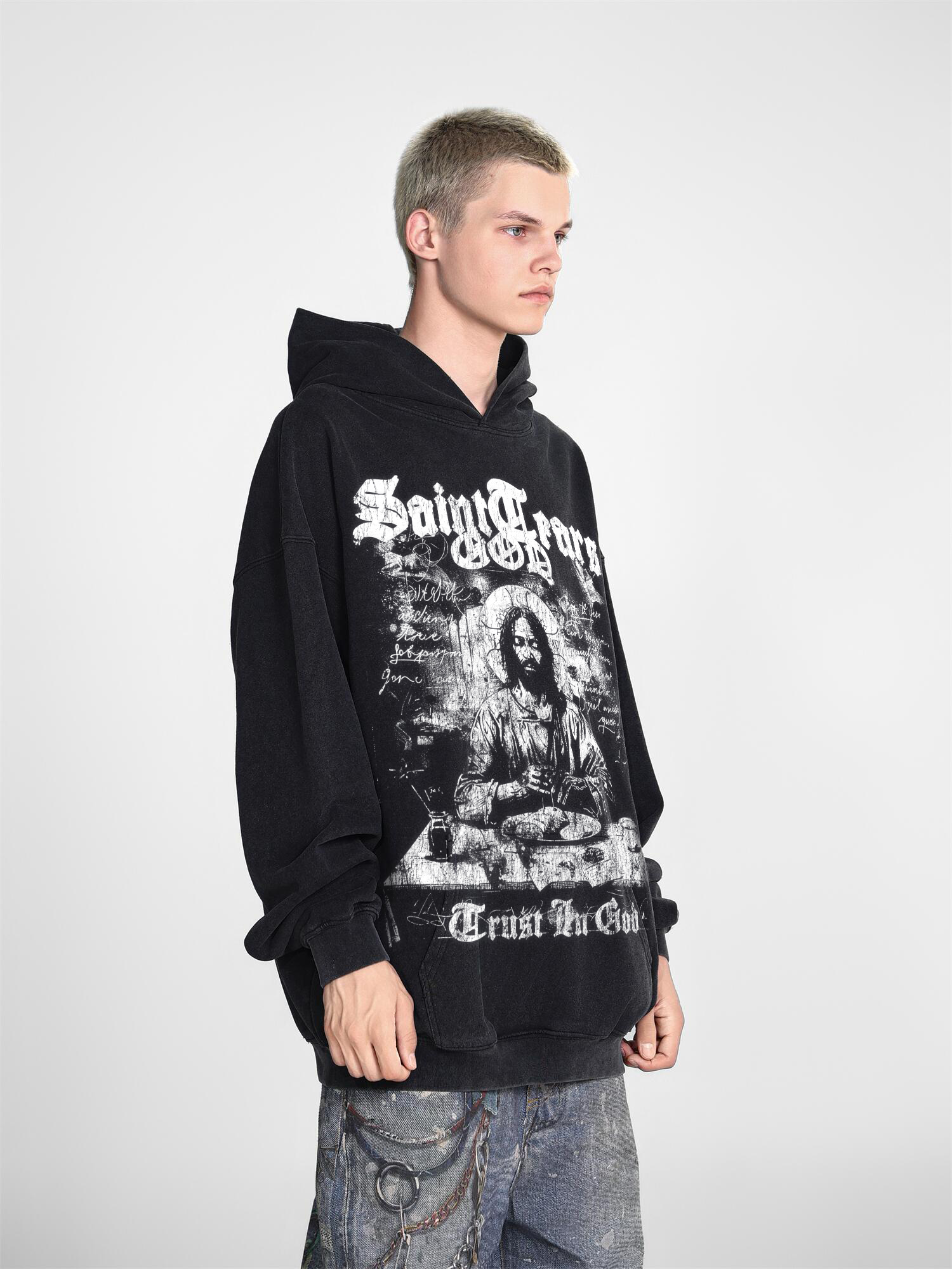 Saint Mich@el tears washed distressed salt-treated 400g heavy-weight vintage terry hoodie