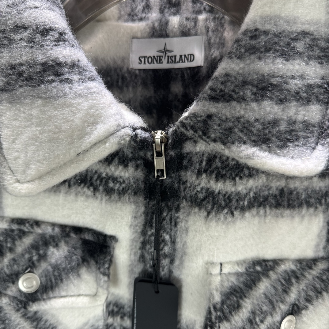 Stone 1sland Black and White Checkered Wool-cotton Padded Jacket